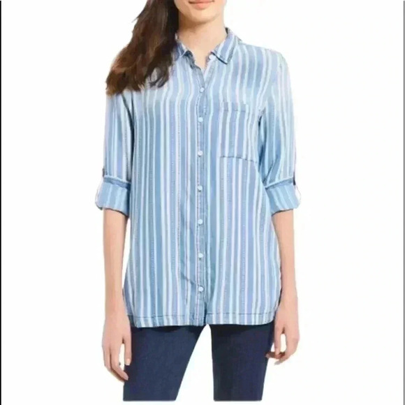 intro. Tops - Intro. Striped Chambray Blue White Soft Long Sleeve Button Front Size S—B2